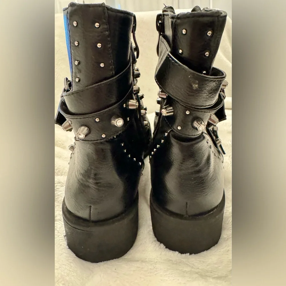 Rhinestone & Studded Black/Silver Combat Boots 9 - Picture 3 of 7